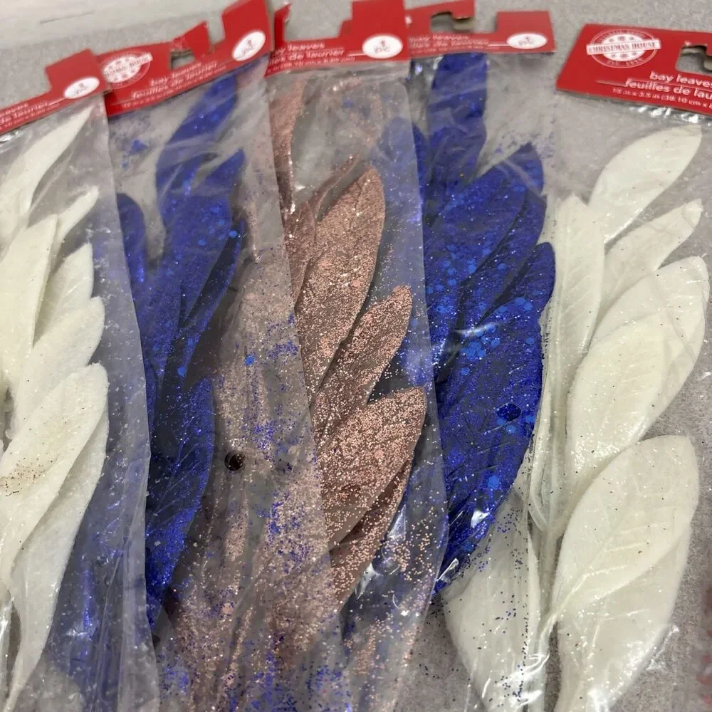 Lot Of 8 Glittered Bay & Cedar Leaf Picks, 14”, Silver, Gold, Red, Blue, White